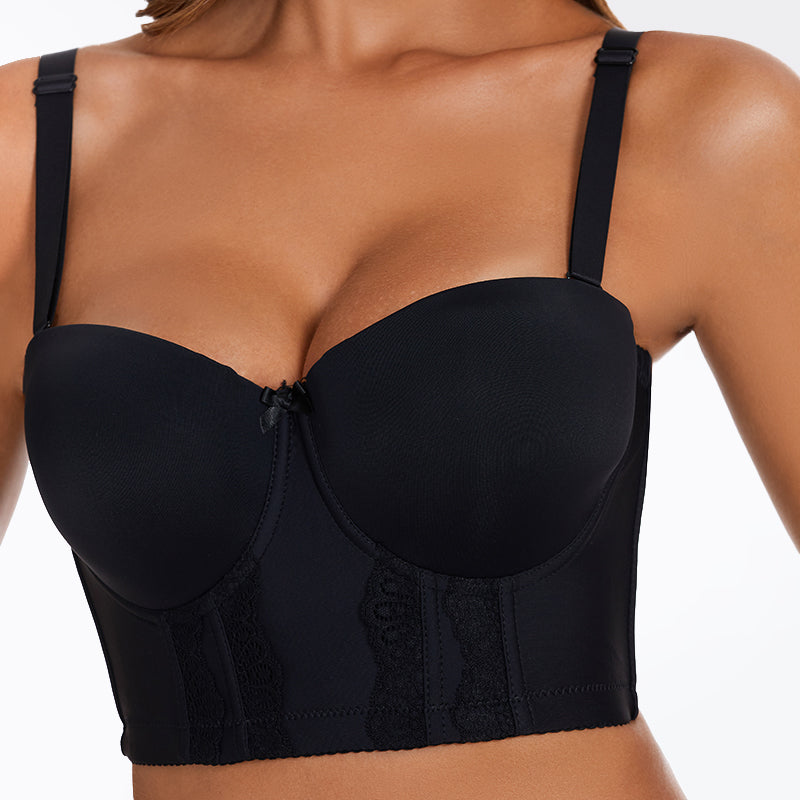 BraForYou® Removable Straps Longline Bustier Bra-Black+Nude