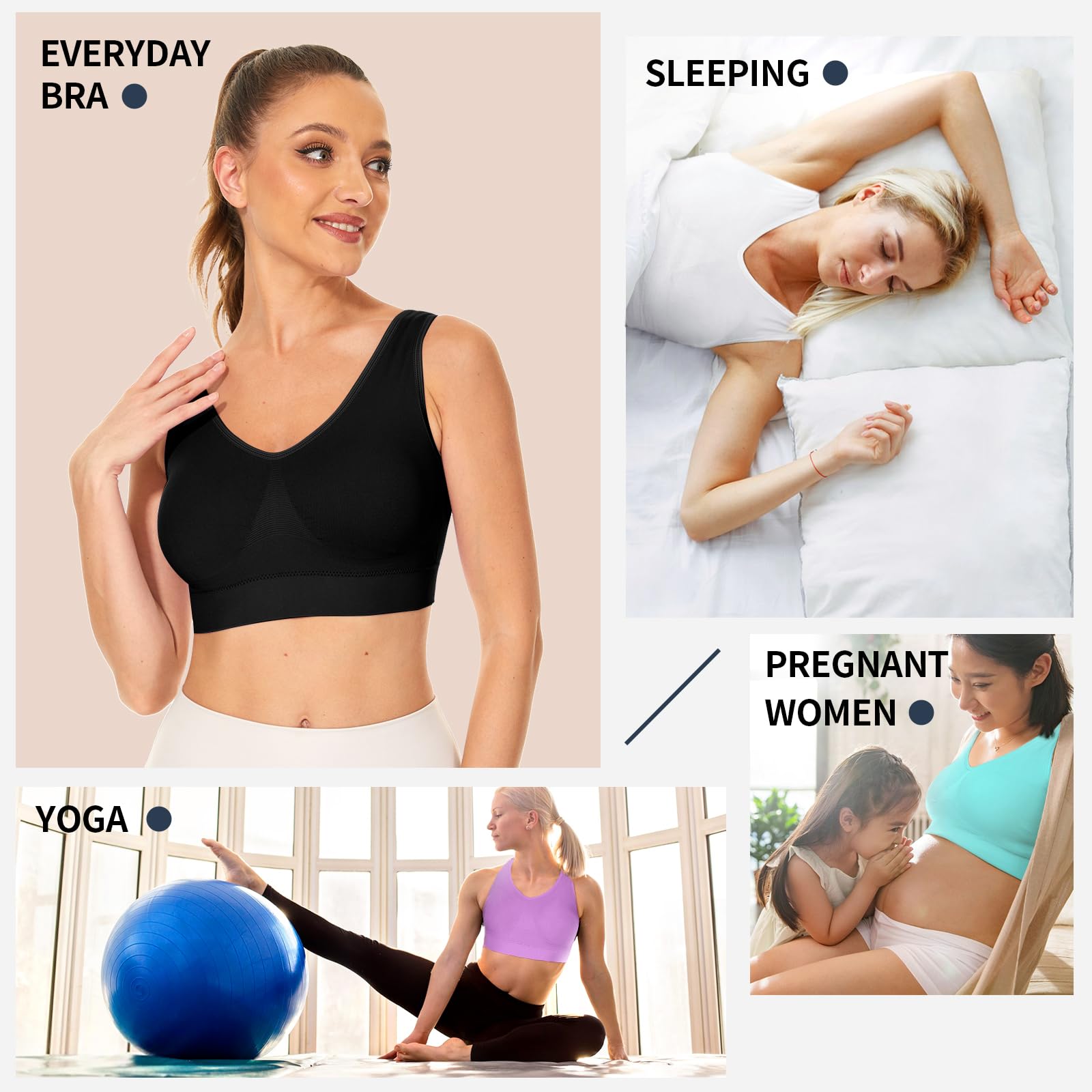 BRA FOR YOU® SEAMLESS WIRELESS BRA COZY PULLOVER COMFORT WIREFREE SPORTS BRA WITH REMOVABLE PADS FOR WOMEN