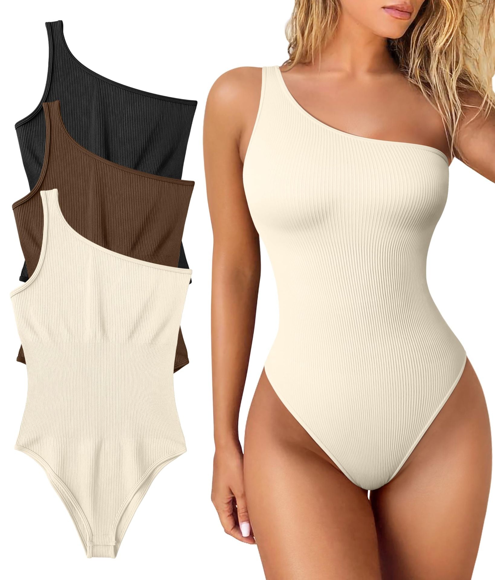 BRA FOR YOU®RIBBED ONE-SHOULDER SLEEVELESS EXERCISE BODYSUITS