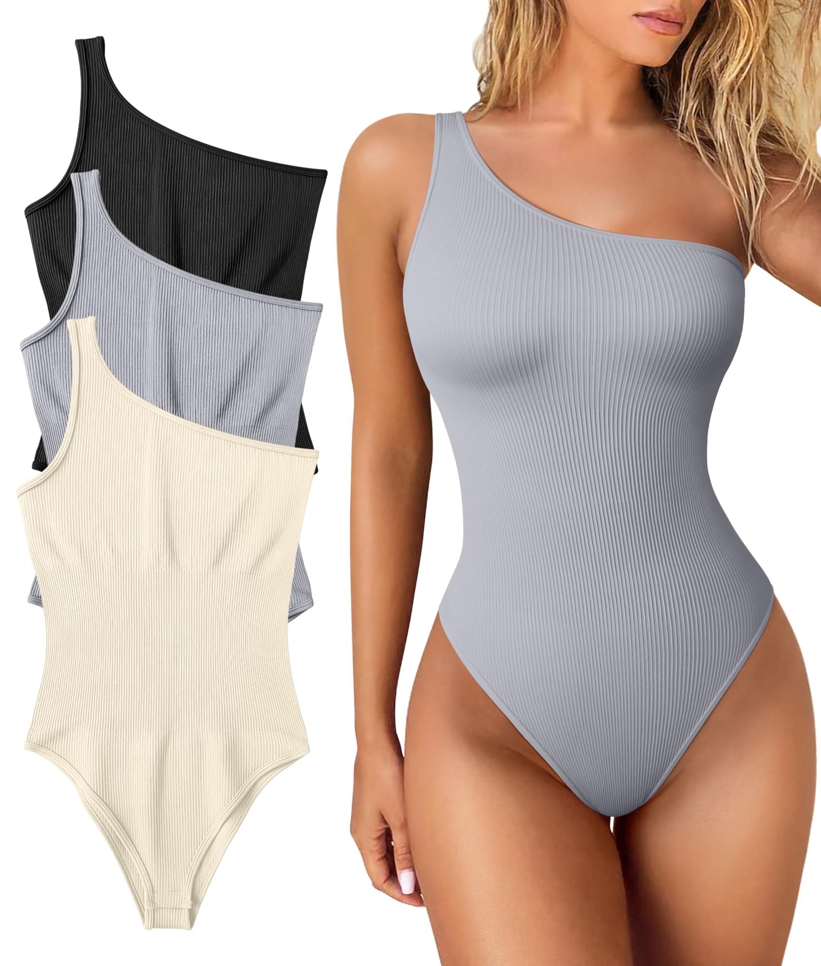 BRA FOR YOU®RIBBED ONE-SHOULDER SLEEVELESS EXERCISE BODYSUITS