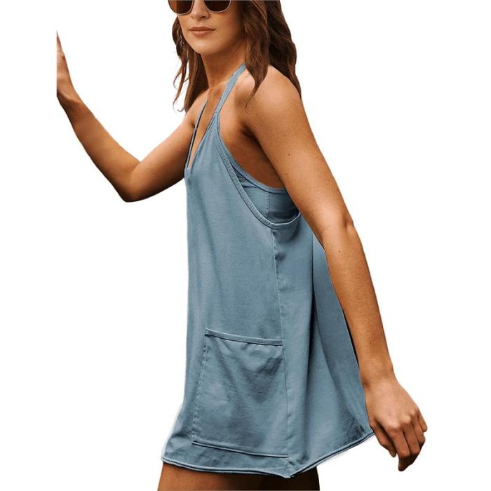 BRA FOR YOU®-WOMENS ATHLETIC SLEEVELESS MINI DRESS WITH BUILT-IN SHORTS V NECK SPAGHETTI STRAP SUNDRESS