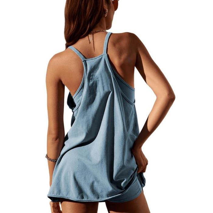 BRA FOR YOU®-WOMENS ATHLETIC SLEEVELESS MINI DRESS WITH BUILT-IN SHORTS V NECK SPAGHETTI STRAP SUNDRESS