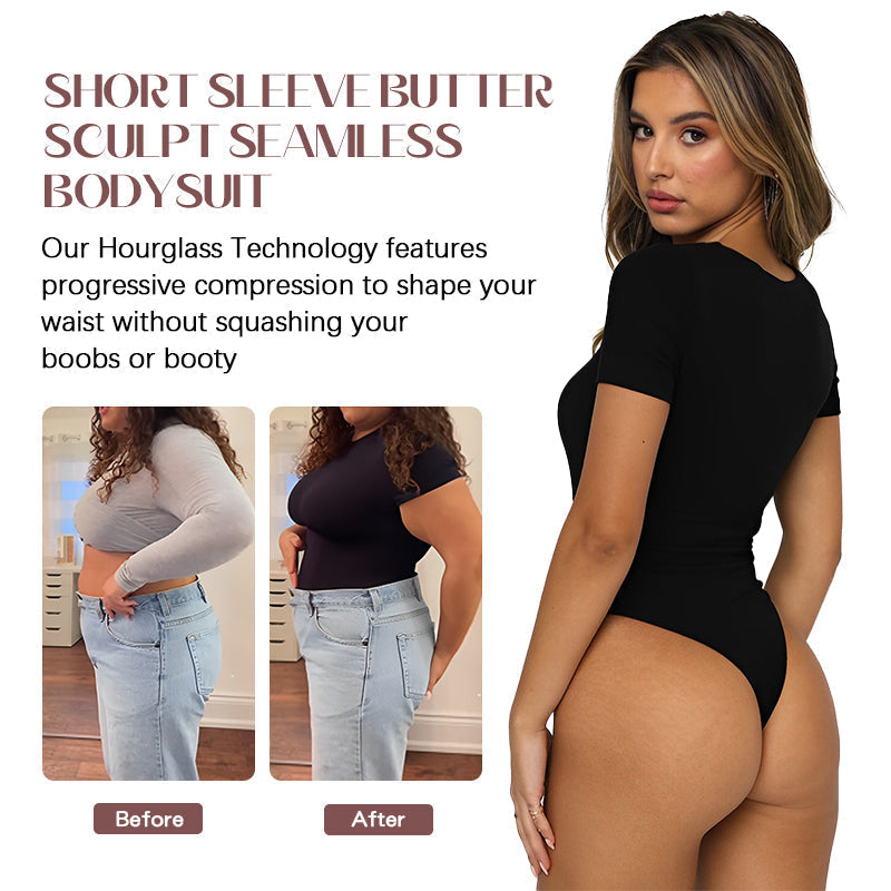 BRA FOR YOU®-SHORT SLEEVE BUTTER SCULPT SEAMLESS SHAPEWEAR BODYSUIT